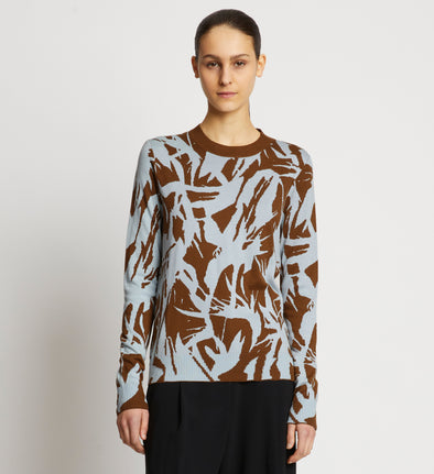 Front cropped image of model wearing Floral Silk Jacquard Sweater in FATIGUE MULTI