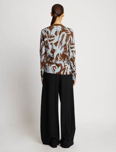 Back full length image of model wearing Floral Silk Jacquard Sweater in FATIGUE MULTI