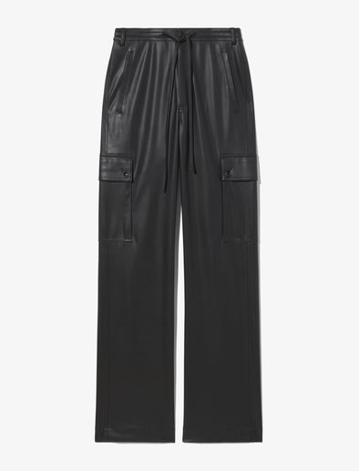 Still Life image of Faux Leather Drawstring Cargo Pants in BLACK