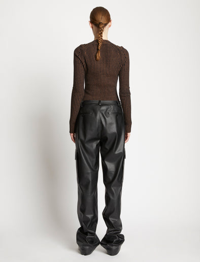 Back full length image of model wearing Faux Leather Drawstring Cargo Pants in BLACK