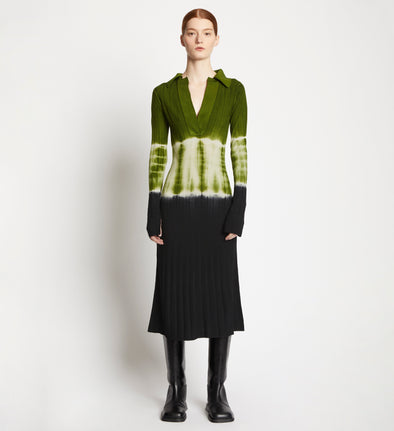 Front full length image of model wearing Dip Dye Knit Dress in LEAF/BLACK