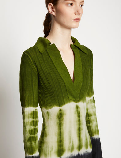 Detail image of model wearing Dip Dye Knit Dress in LEAF/BLACK