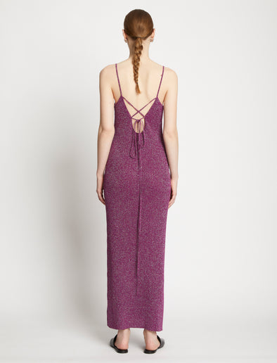 Back full length image of model wearing Lurex Maxi Dress in MAGENTA/SILVER