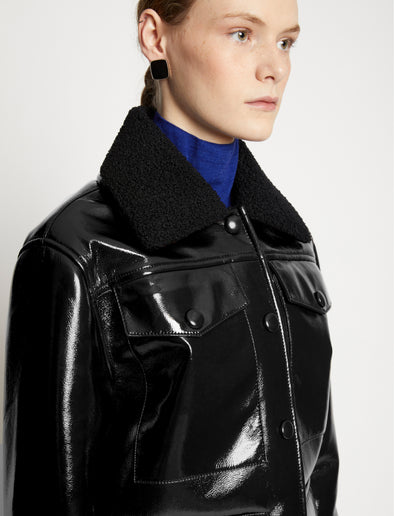 Proenza Schouler Detail image of model wearing Lacquared Fleece Collar Jacket in Black