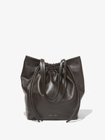 Front image of Drawstring Tote in DARK CHOCOLATE with straps down