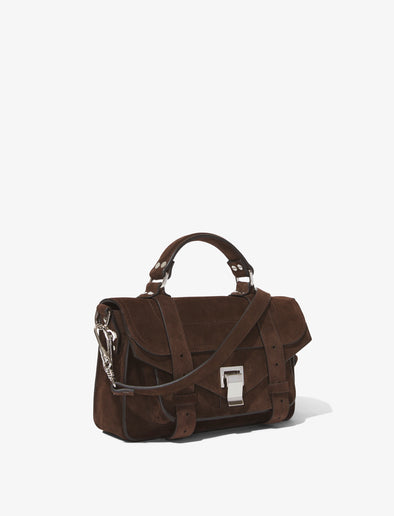 Side image of Suede PS1 Tiny Bag in DARK CHOCOLATE