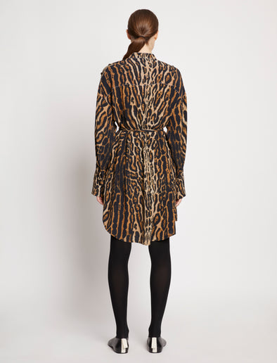 Back full length image of model wearing Leopard Crepe De Chine Shirt Dress in BROWN MULTI
