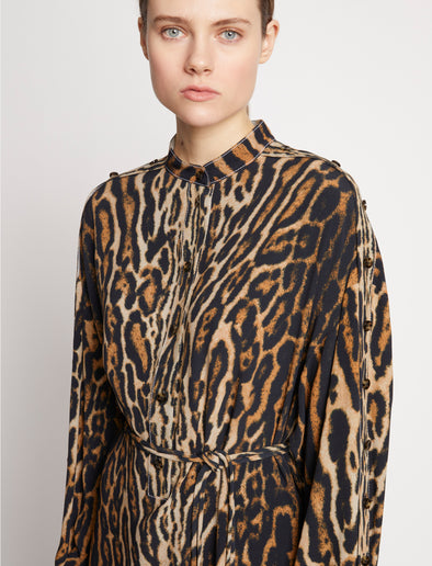 Detail image of model wearing Leopard Crepe De Chine Shirt Dress in BROWN MULTI