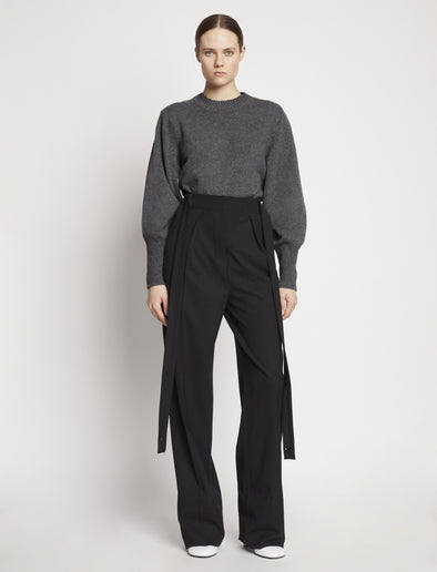 Front full length image of model wearing Eco Cashmere Balloon Sleeve Sweater in GREY MELANGE
