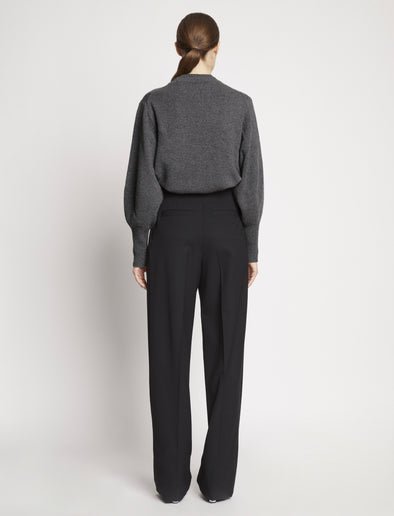 Back full length image of model wearing Eco Cashmere Balloon Sleeve Sweater in GREY MELANGE