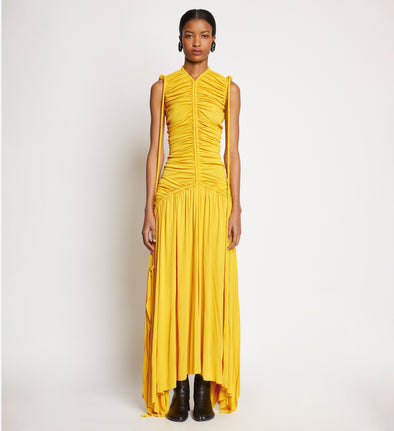 Front full length image of model wearing Viscose Jersey Sleeveless Cinched Dress in YELLOW