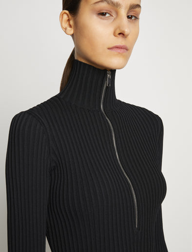 Proenza Schouler detail image of model wearing Viscose Rib Zip Sweater in black