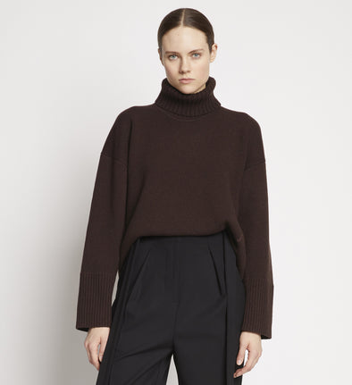 Front cropped image of model wearing Doubleface Cashmere Oversized Turtleneck in BROWN