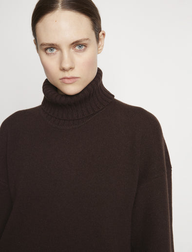 Detail image of model wearing Doubleface Cashmere Oversized Turtleneck in BROWN
