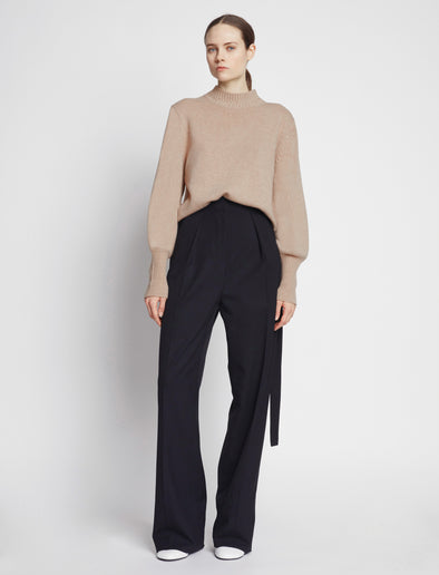Front image of model wearing Eco Cashmere Balloon Sleeve Sweater in OATMEAL