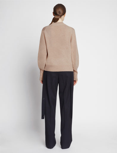 Back image of model wearing Eco Cashmere Balloon Sleeve Sweater in OATMEAL