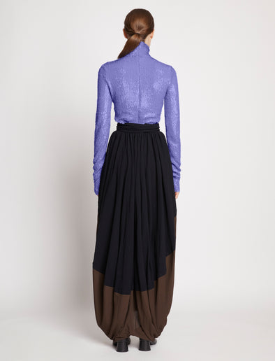 Back full length image of model wearing Faceted Sequin Top in LILAC