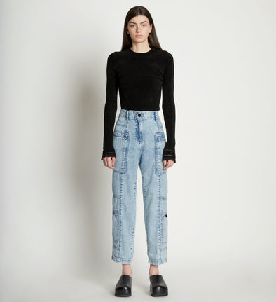 Front full length image of model wearing Chambray Pocket Pants in LIGHT INDIGO