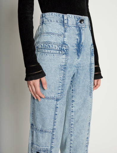 Detail image of model wearing Chambray Pocket Pants in LIGHT INDIGO