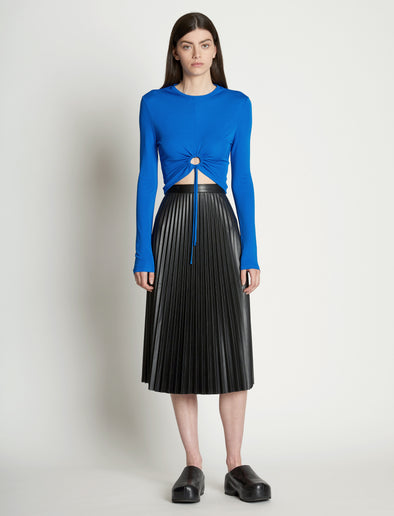 Front full length image of model wearing Matte Crepe Drawstring Top in BRIGHT BLUE