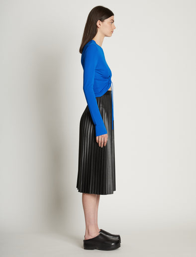 Side full length image of model wearing Matte Crepe Drawstring Top in BRIGHT BLUE