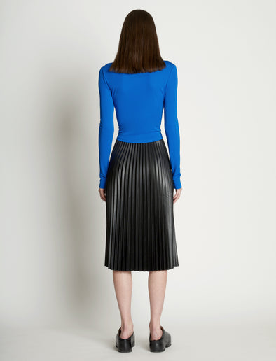 Back full length image of model wearing Matte Crepe Drawstring Top in BRIGHT BLUE