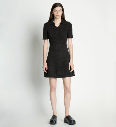 Front full length image of model wearing Fluffy Knit Polo Dress in PINE/BLACK
