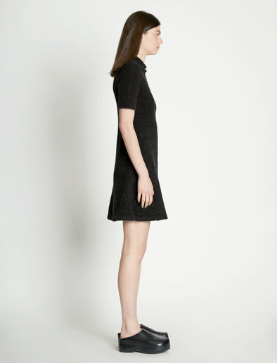 Side full length image of model wearing Fluffy Knit Polo Dress in PINE/BLACK