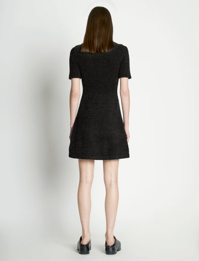 Back full length image of model wearing Fluffy Knit Polo Dress in PINE/BLACK