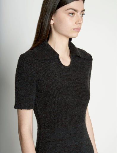 Detail image of model wearing Fluffy Knit Polo Dress in PINE/BLACK