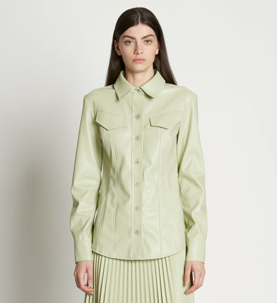 Front cropped image of model wearing Faux Leather Tapered Shirt in GREEN TEA