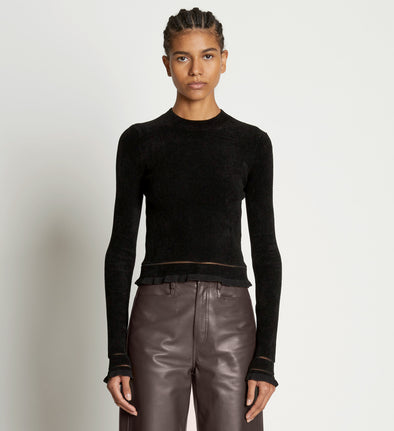 Front cropped image of model wearing Cropped Turtleneck Chenille Sweater in BLACK