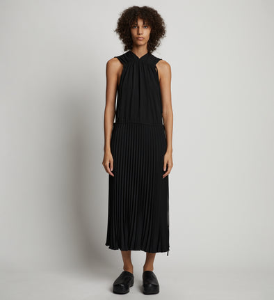 Front full length image of model wearing Pleatable Crepe Drawstring Dress in BLACK