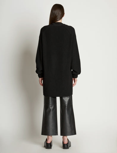 Back full length image of model wearing Cashfeel Cardigan in BLACK