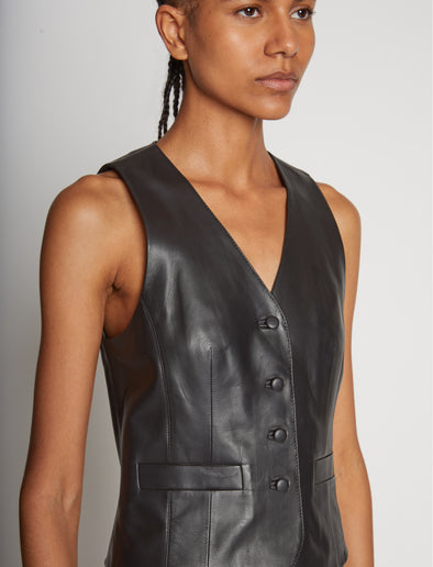 Detail image of model wearing Leather Vest in BLACK