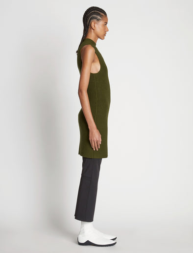 Side full length image of model wearing Sleeveless Cashfeel Mini Dress in FATIGUE