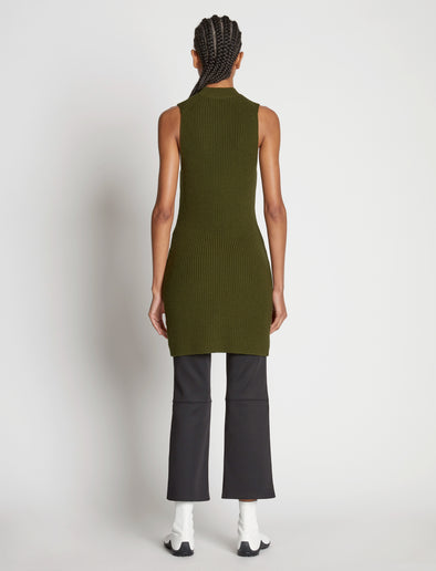 Back full length image of model wearing Sleeveless Cashfeel Mini Dress in FATIGUE