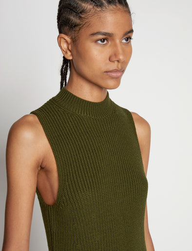 Detail image of model wearing Sleeveless Cashfeel Mini Dress in FATIGUE