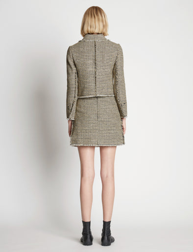 Back full length image of model wearing Cropped Tweed Jacket in YELLOW MULTI