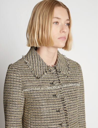 Detail image of model wearing Cropped Tweed Jacket in YELLOW MULTI