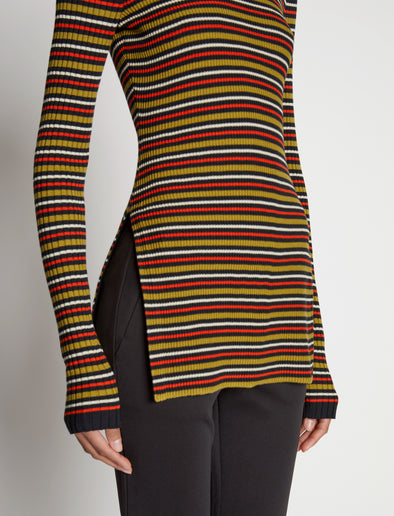 Detail image of model wearing Stripe Knit Turtleneck in VERMILLION MULTI