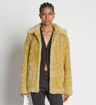 Front cropped image of model wearing Faux Rabbit Peacoat in SAND