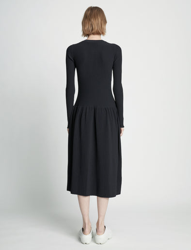 Back full length image of model wearing Rib Knit Button Front Dress in BLACK