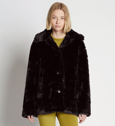 Front cropped image of model wearing Faux Rabbit Peacoat in BLACK