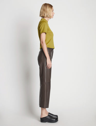 Side full length image of model wearing Leather Culottes in MOCHA