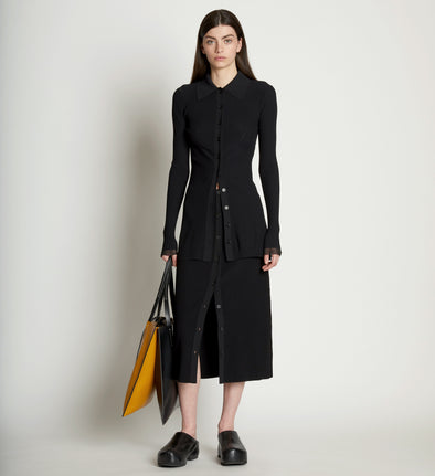 Front cropped image of model wearing Rib Knit Fitted Cardigan in BLACK