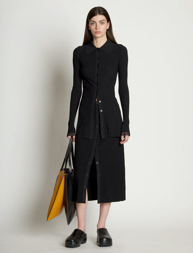 Front full length image of model wearing Rib Knit Fitted Cardigan in BLACK