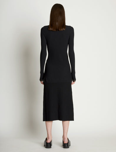Back full length image of model wearing Rib Knit Fitted Cardigan in BLACK