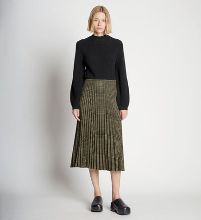 Front full length image of model wearing Pleatable Crepe Midi Skirt in STONE/BLACK
