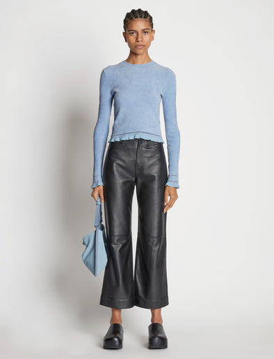 Front full length image of model wearing Cropped Turtleneck Chenille Sweater
in PERIWINKLE